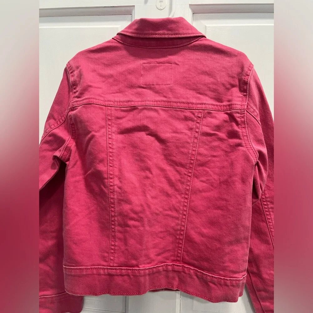 OLD NAVY Pink Distressed Denim Jacket SIZE 8 Girls Pockets Buttons Pre Loved